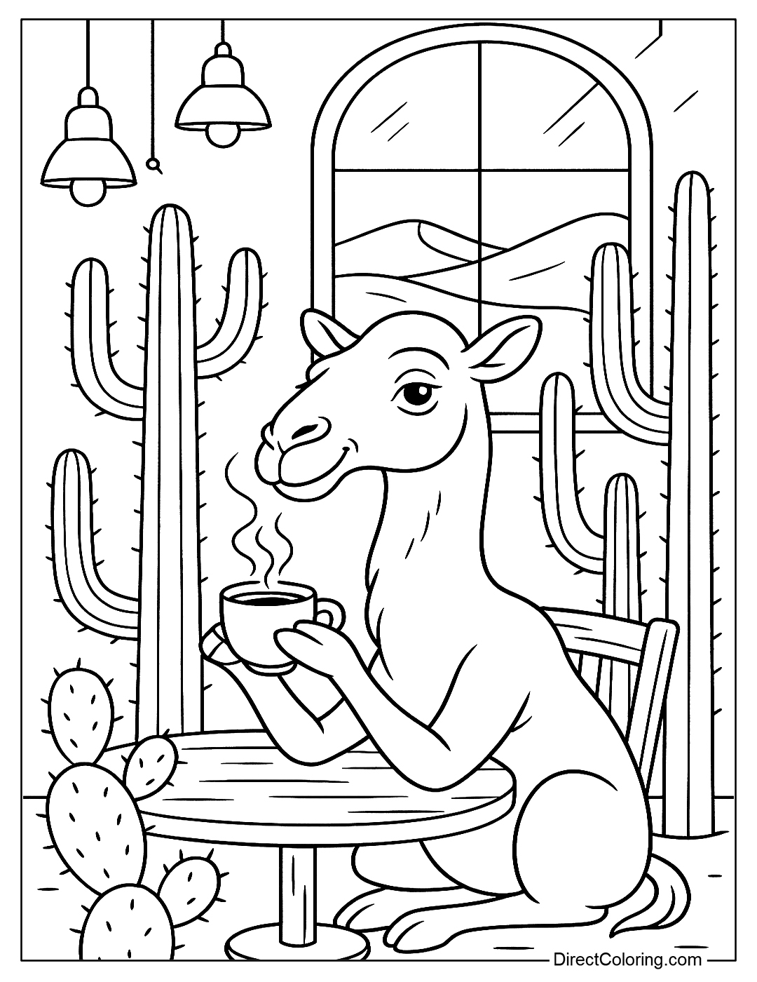 A camel is sitting in a desert cafe, enjoying a cup of coffee coloring page